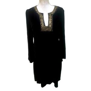 Beth Bowley black velvet silk lined dress antique gold bead trim neckline sz 12